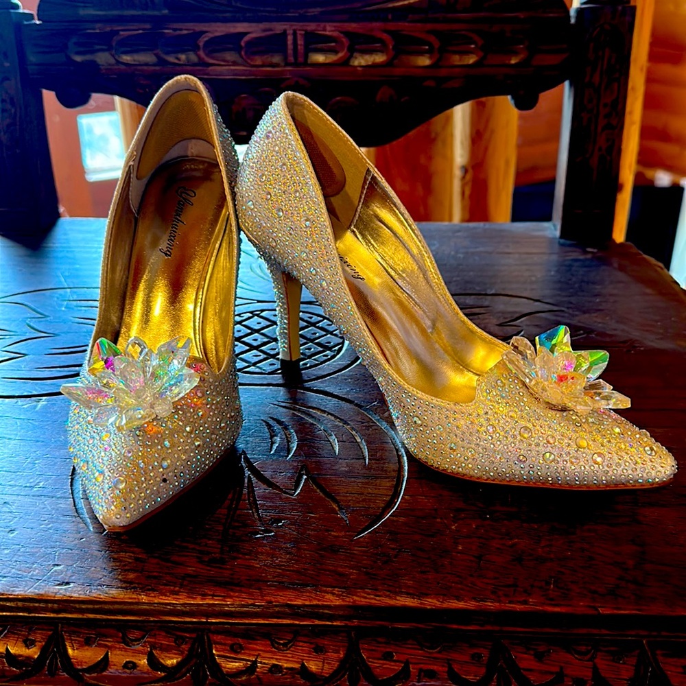 Sparkling shoes with clear rhinestones and acrylic flower. Worn 1 time indoors.